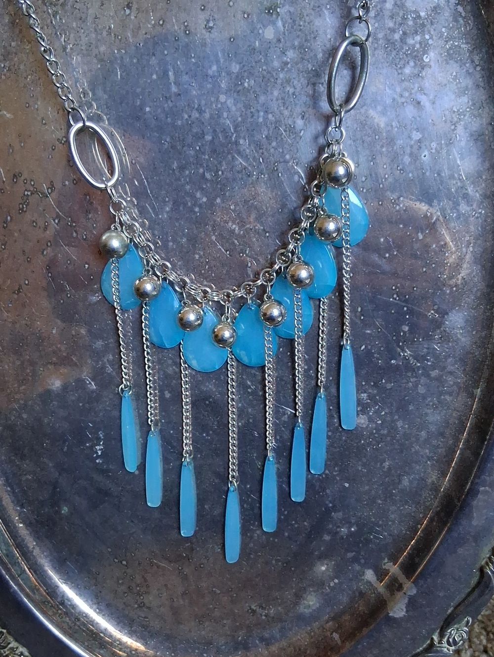 Blue Fringe Pendant Necklace with Silver Chains